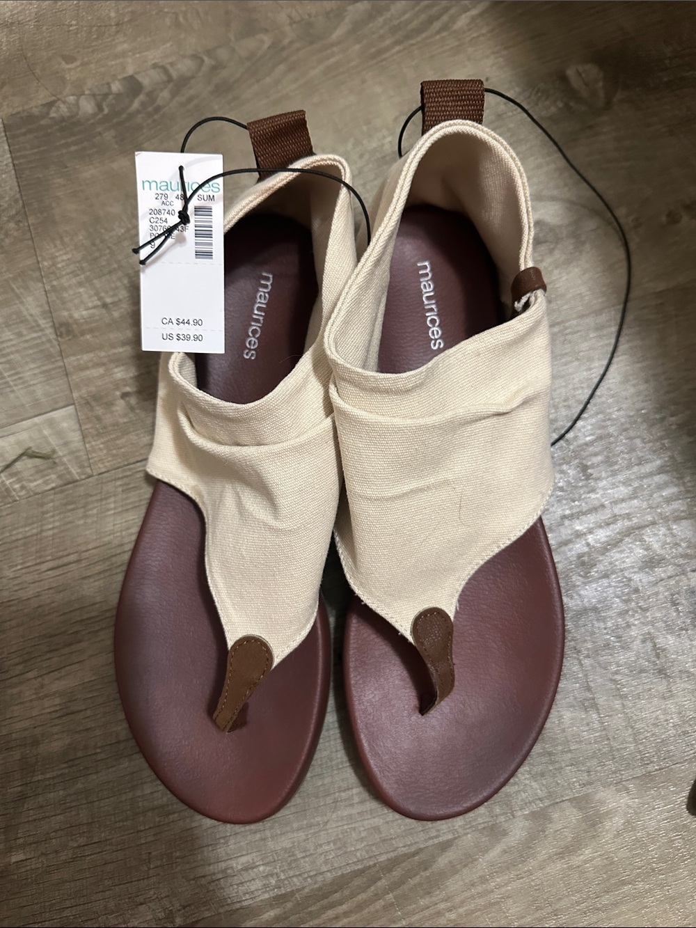 Maurices Cream Canvas Toe-Loop Sandals with Brown Footbed (Women)